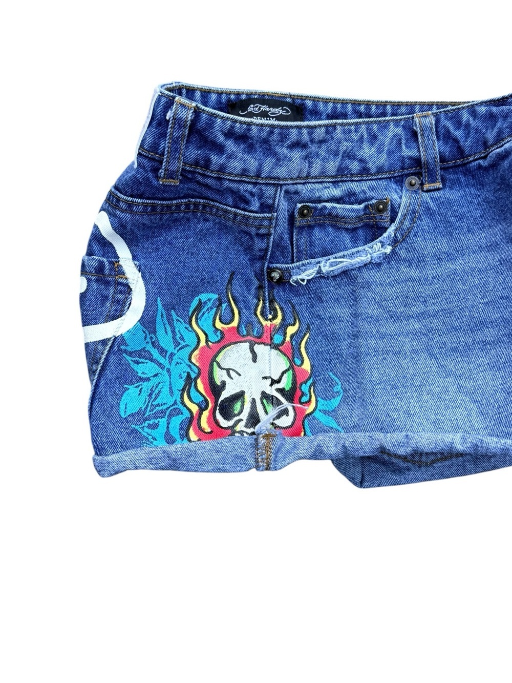 Ed Hardy Denim Shorts Large Y2K Skull Tattoo Low Rise Cutoffs - Picture 3 of 11